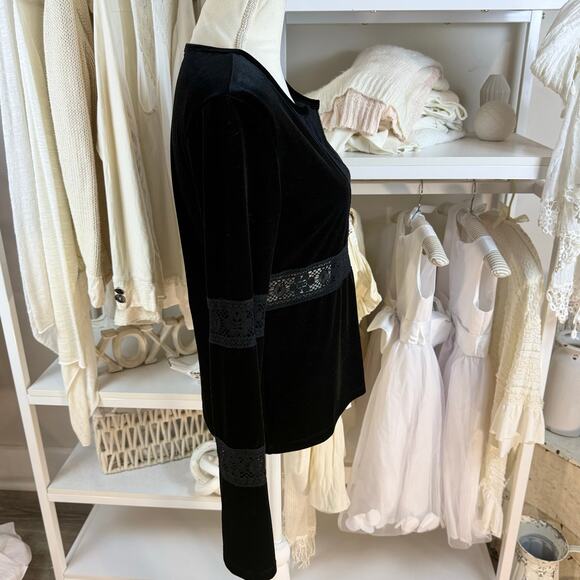 Boston Proper women's sz. small Velour black boho deep v neck blouse lace - Picture 4 of 8